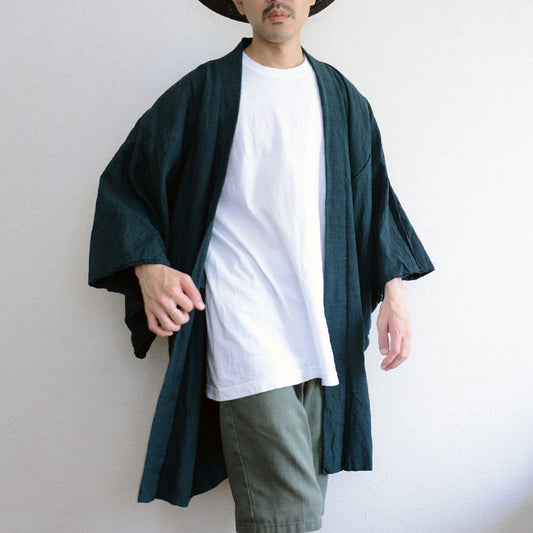 Rediscover the Charm of a Rare Late Showa Era Green Men’s Haori with Scenic Back Lining