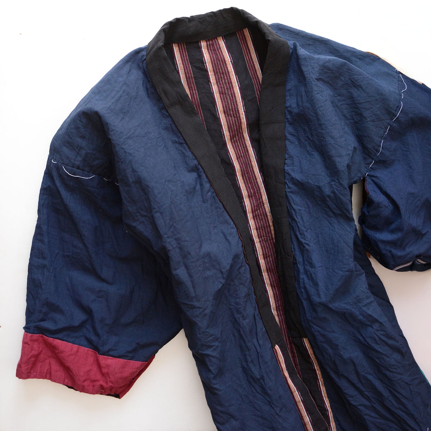 Noragi Black Stripe Pattern Antique Kimono Jacket Japanese Fabric Cotton Vintage