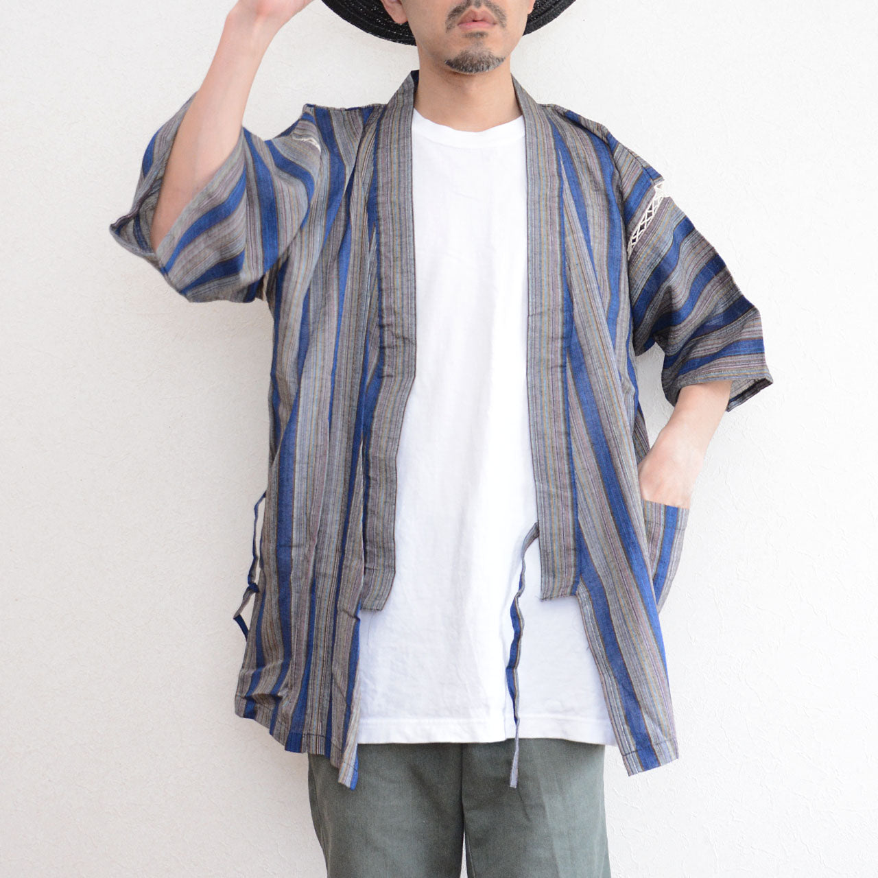 blue striped jinbei kimono for casual streetwear