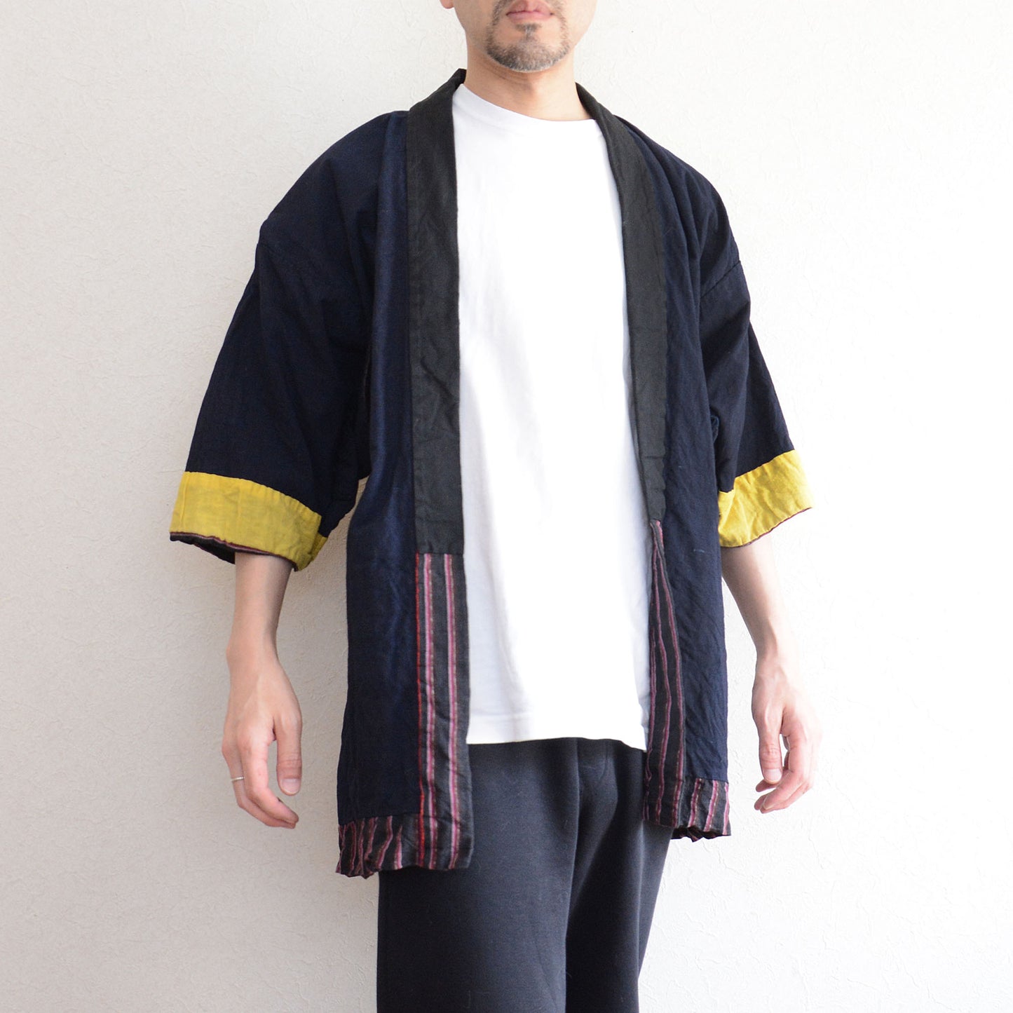 Noragi Haori Indigo Kimono Jacket Japanese Fabric Cotton Vintage Shima Stripe Pattern Antique Kimono