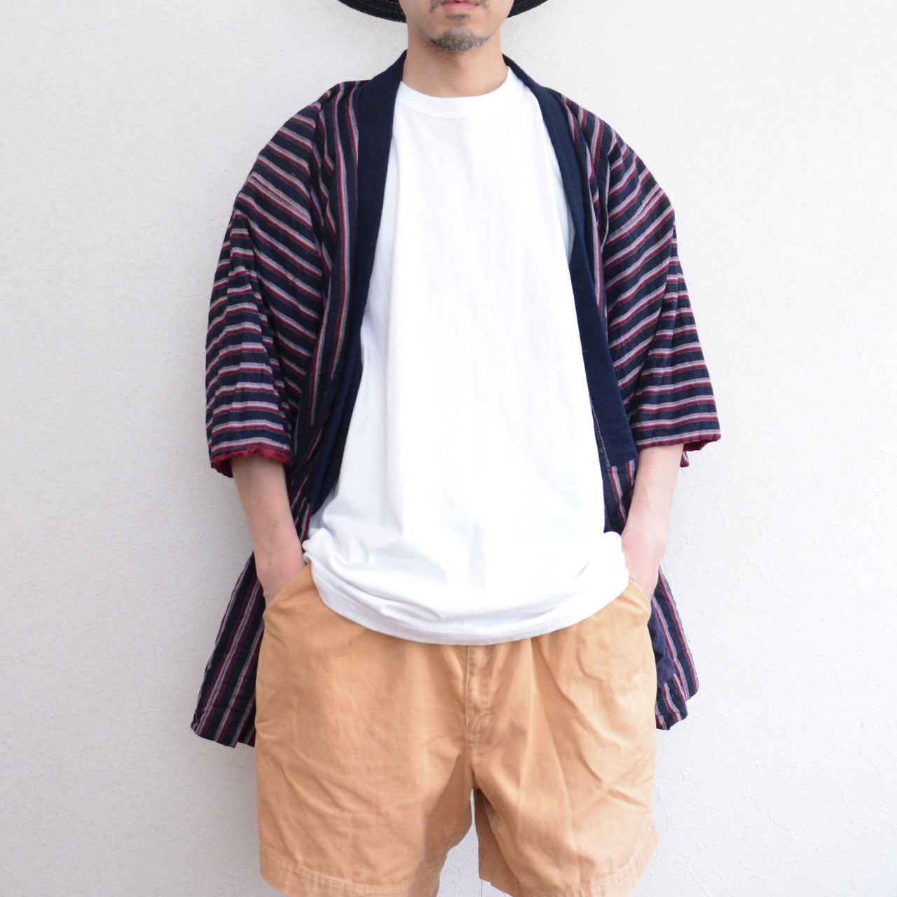 Noragi Jacket with Indigo-Dyed Collar in Striped Cotton – Vintage Japanese Workwear Ideal for Fashion and Remake Projects