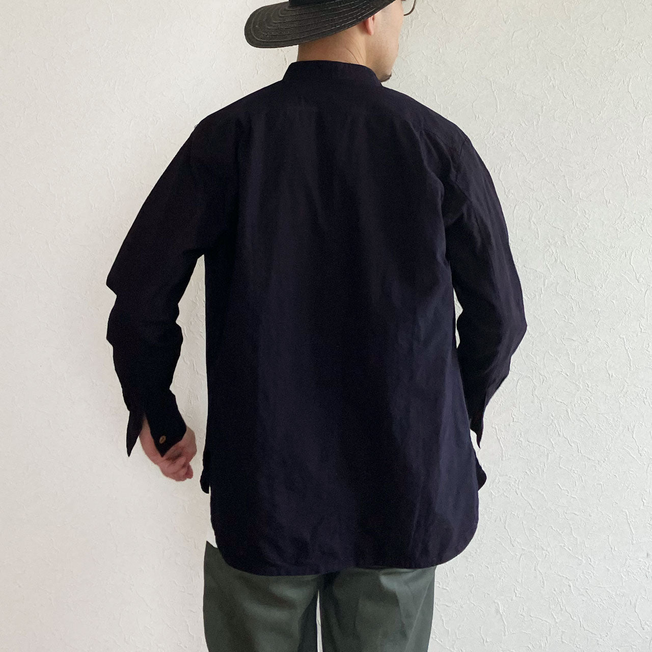 Deadstock band collar shirt reflecting Japanese textile heritage