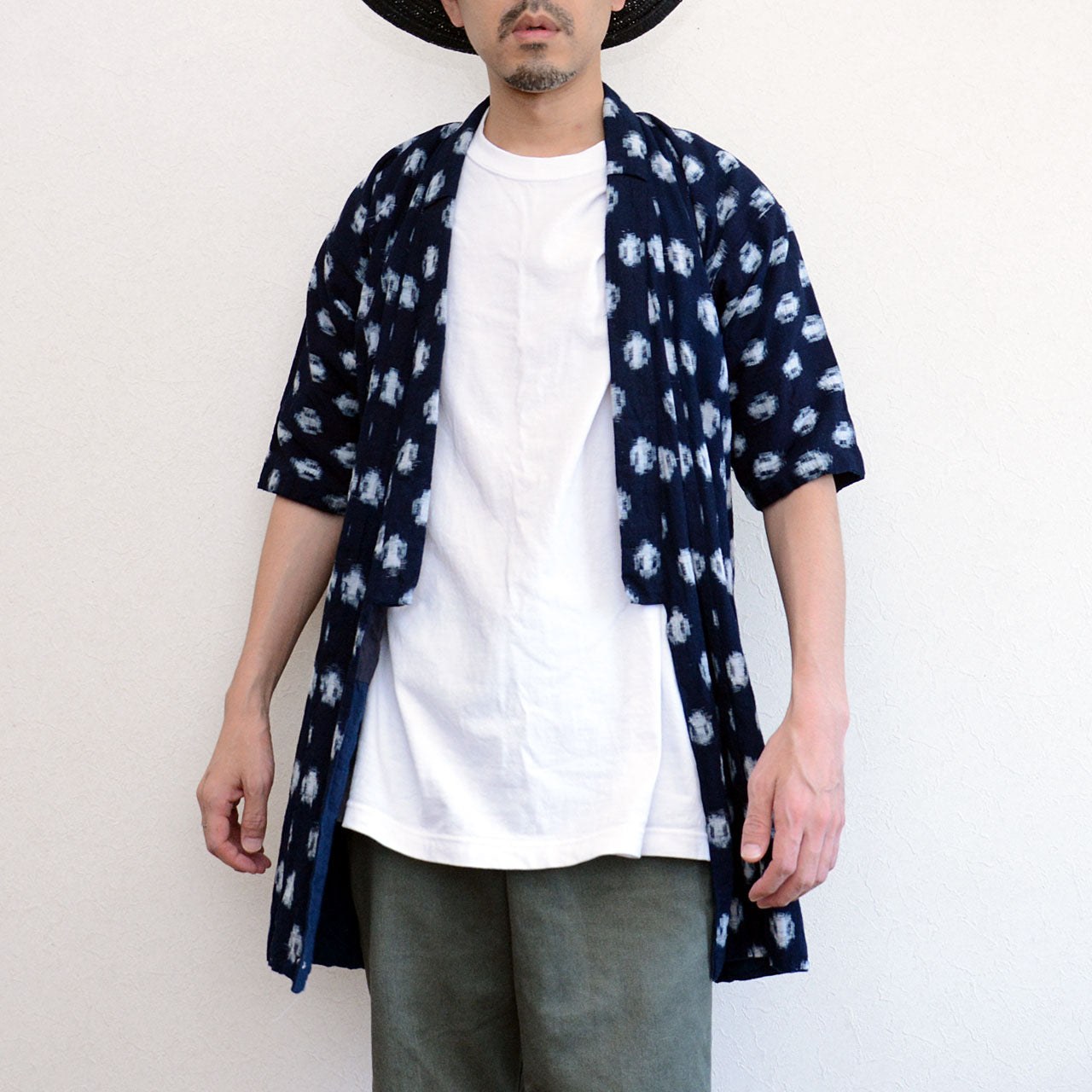 Rare kasuri indigo kimono with visible age-related character