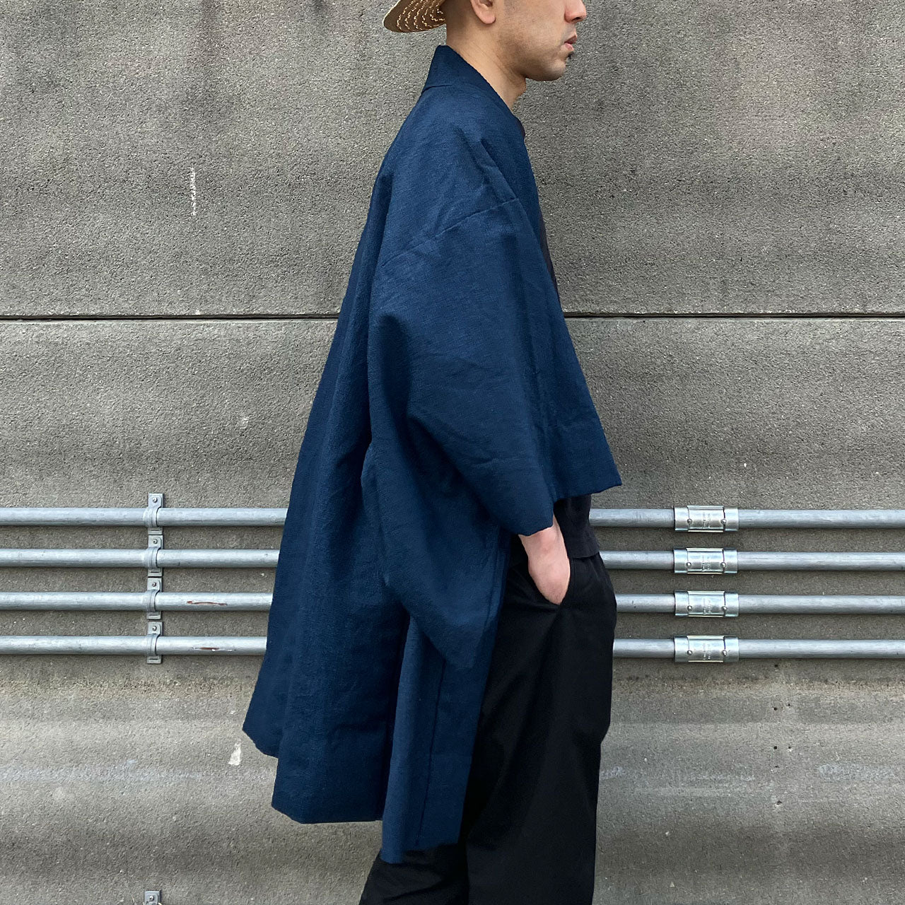 Showa era haori kimono styled with casual t-shirt and wide pants