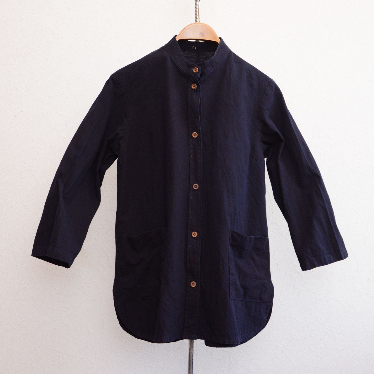 Vintage Japanese band collar shirt jacket made from indigo-dyed cotton