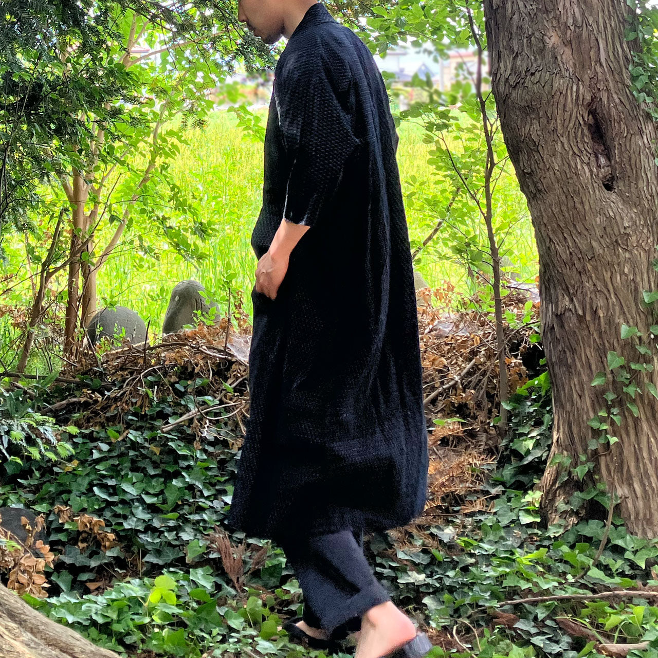 Japanese kasuri cotton robe with geometric patterns