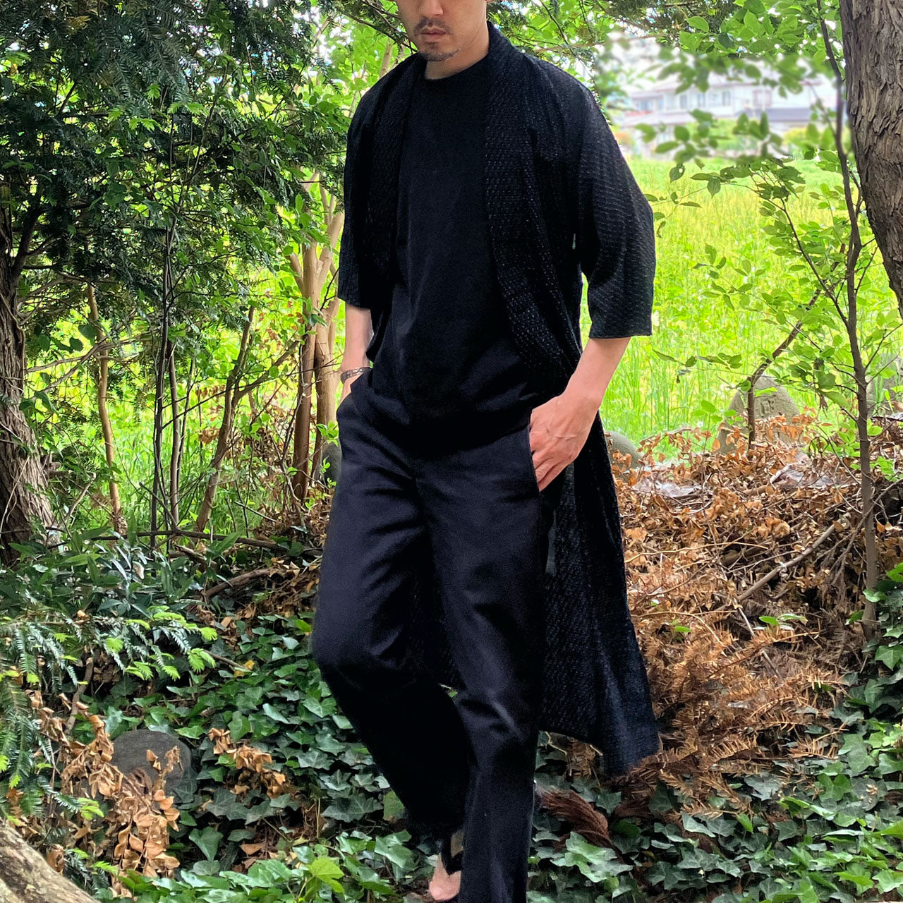 Long cotton kimono in Japanese kasuri weaving