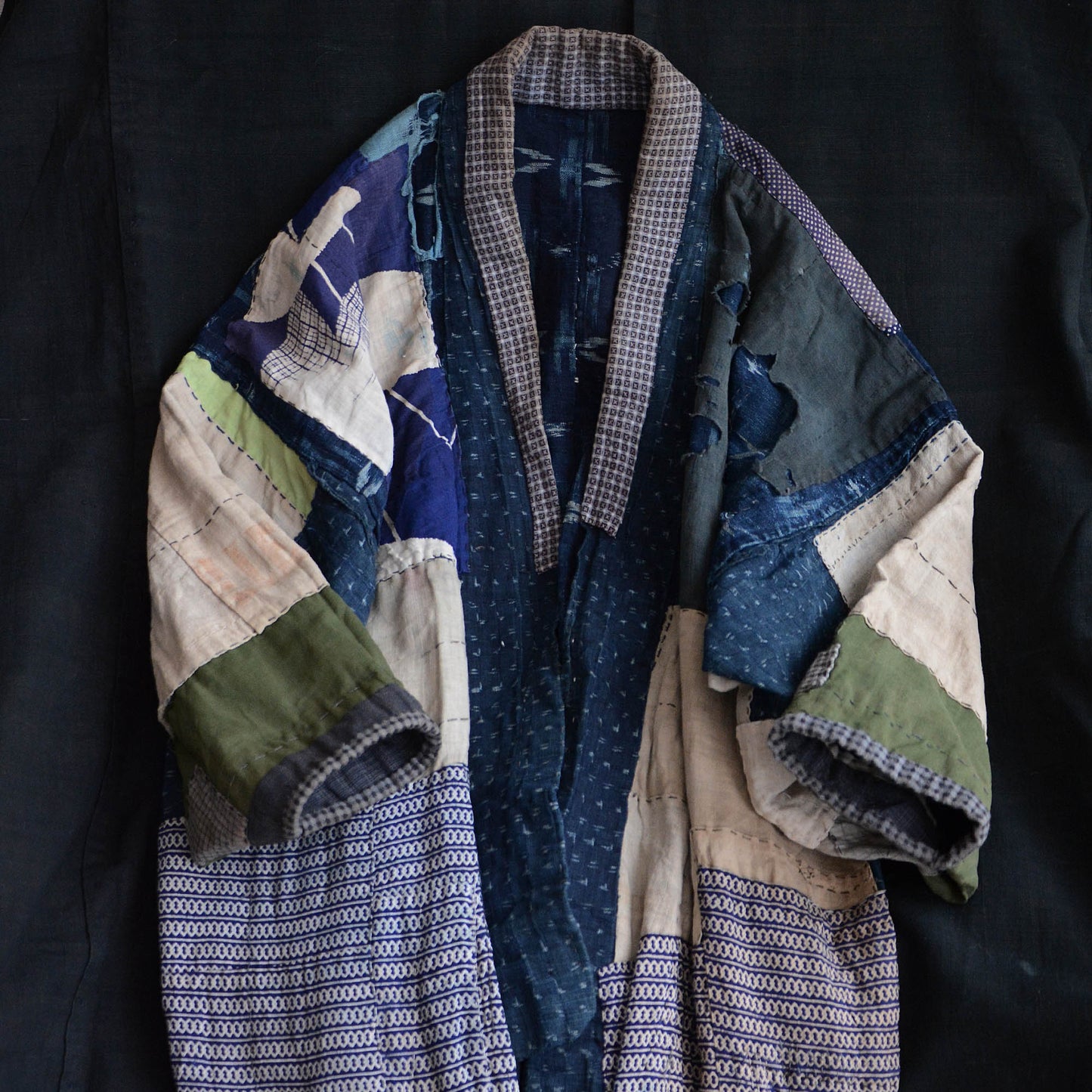 Boro Noragi Jacket Indigo Japanese Fabric Vintage Kimono Cotton Crazy Pattern Kasuri Shibori Dye