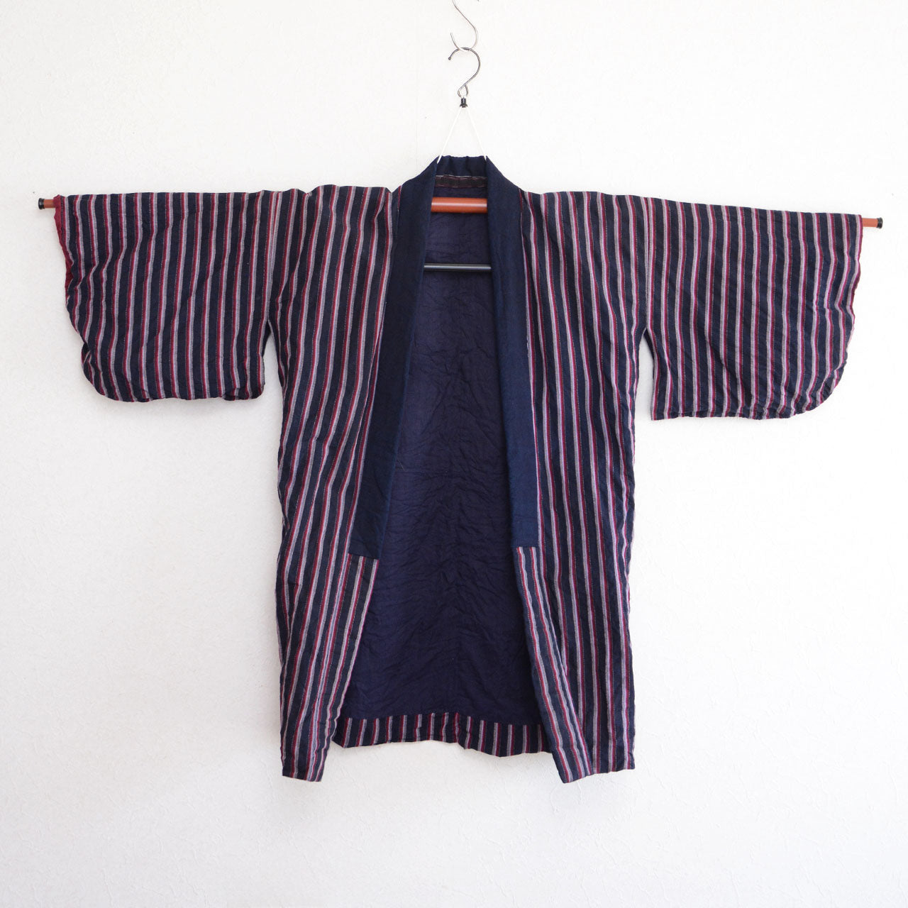 vintage japanese work jacket made of striped cotton with indigo accents