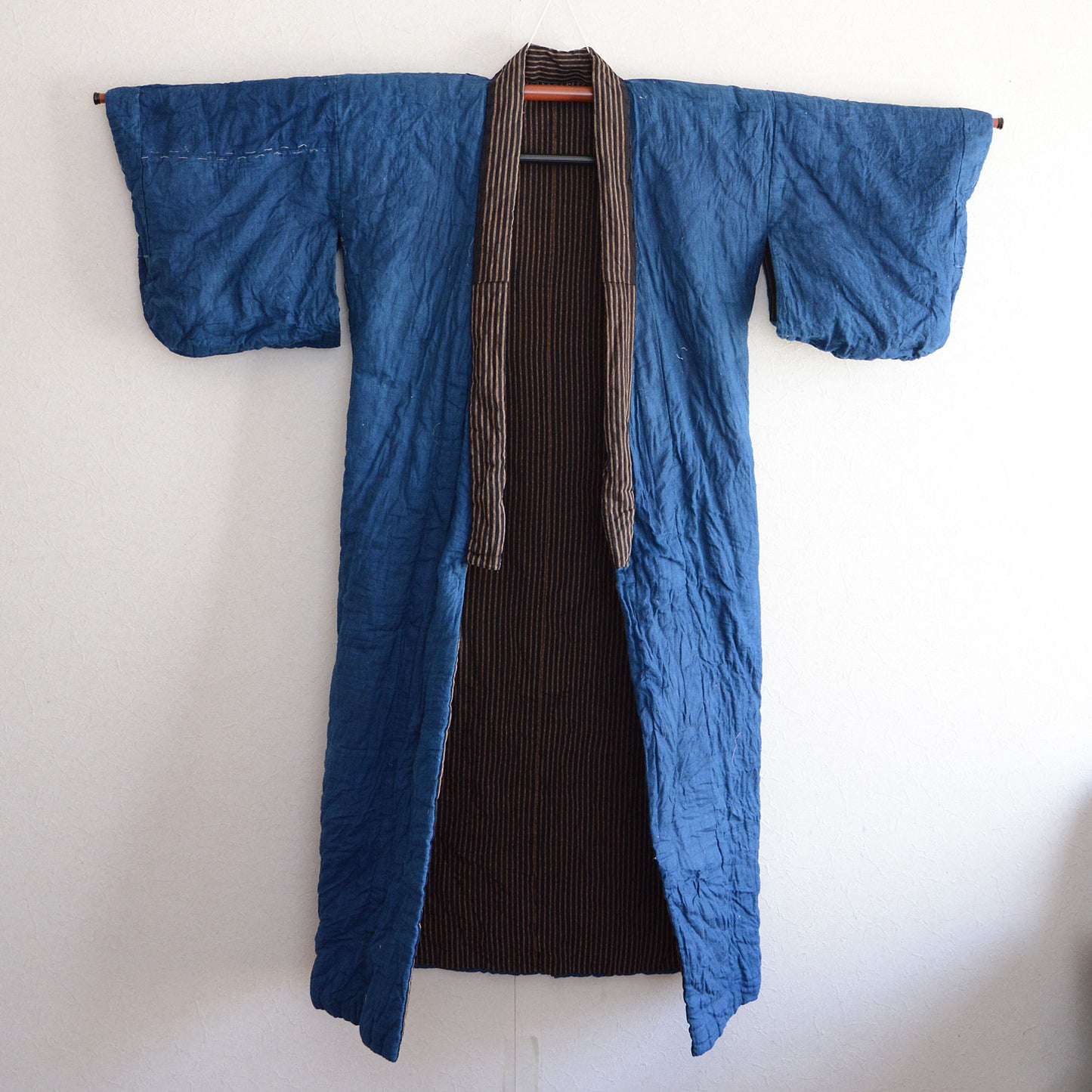 Long traditional hanten kimono jacket made from vintage indigo-dyed cotton