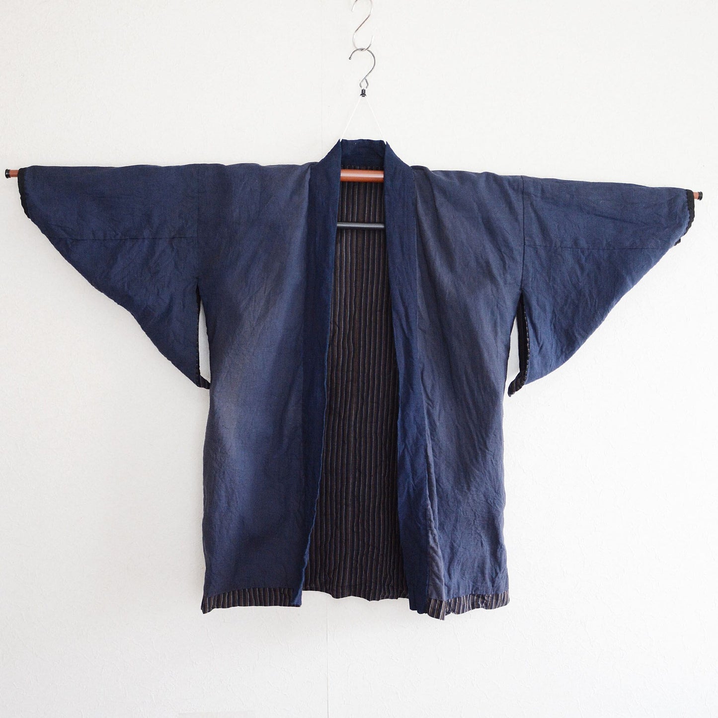 Noragi Jacket Indigo Collar Kimono Japanese Fabric Cotton Vintage Faded Stripe Pattern