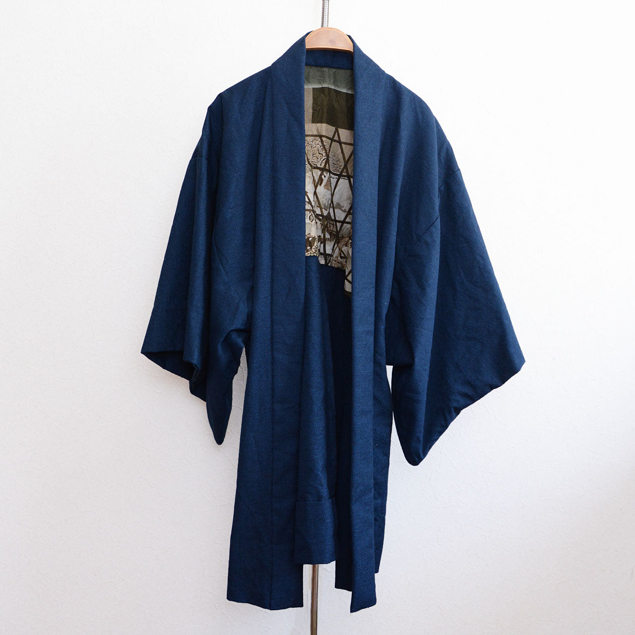 Vintage Japanese men's haori kimono with blue mixed fabric from Showa era
