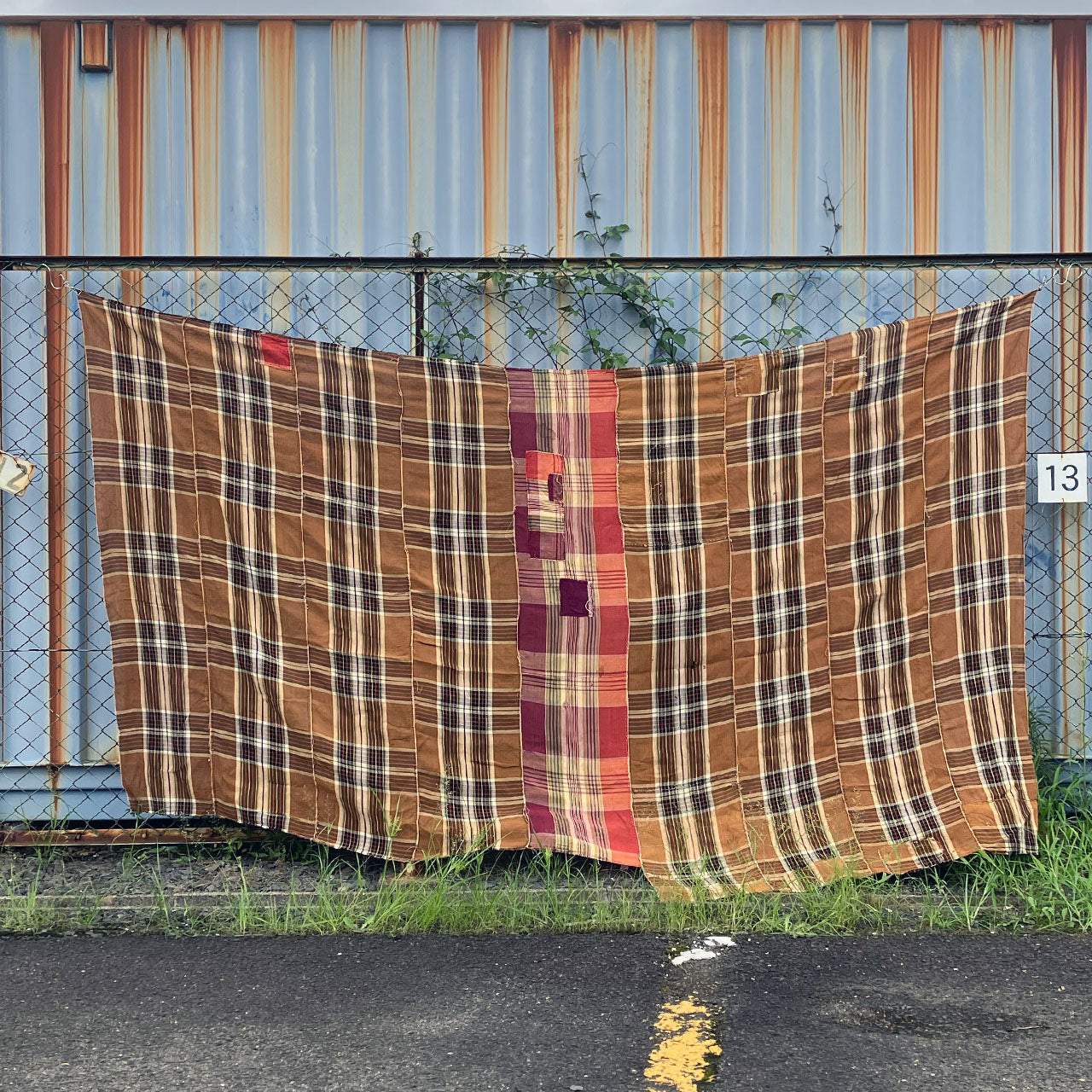 Large vintage cotton futon fabric approx. 289cm by 154-173cm with repair patches