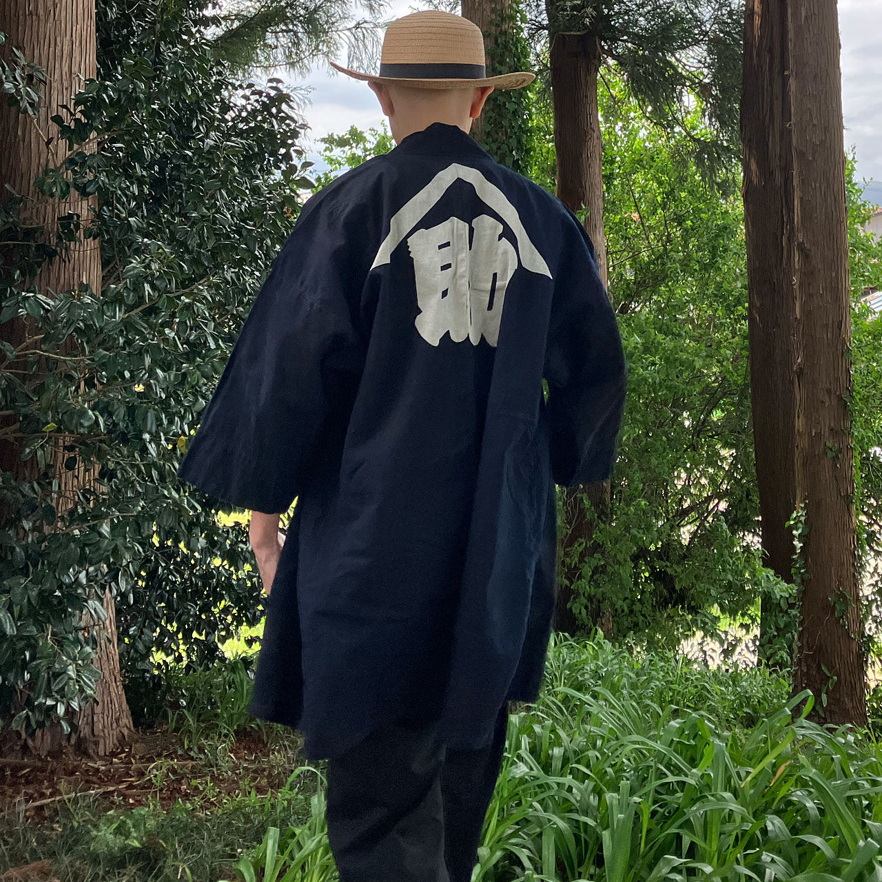 Vintage indigo happi coat for men with kanji design