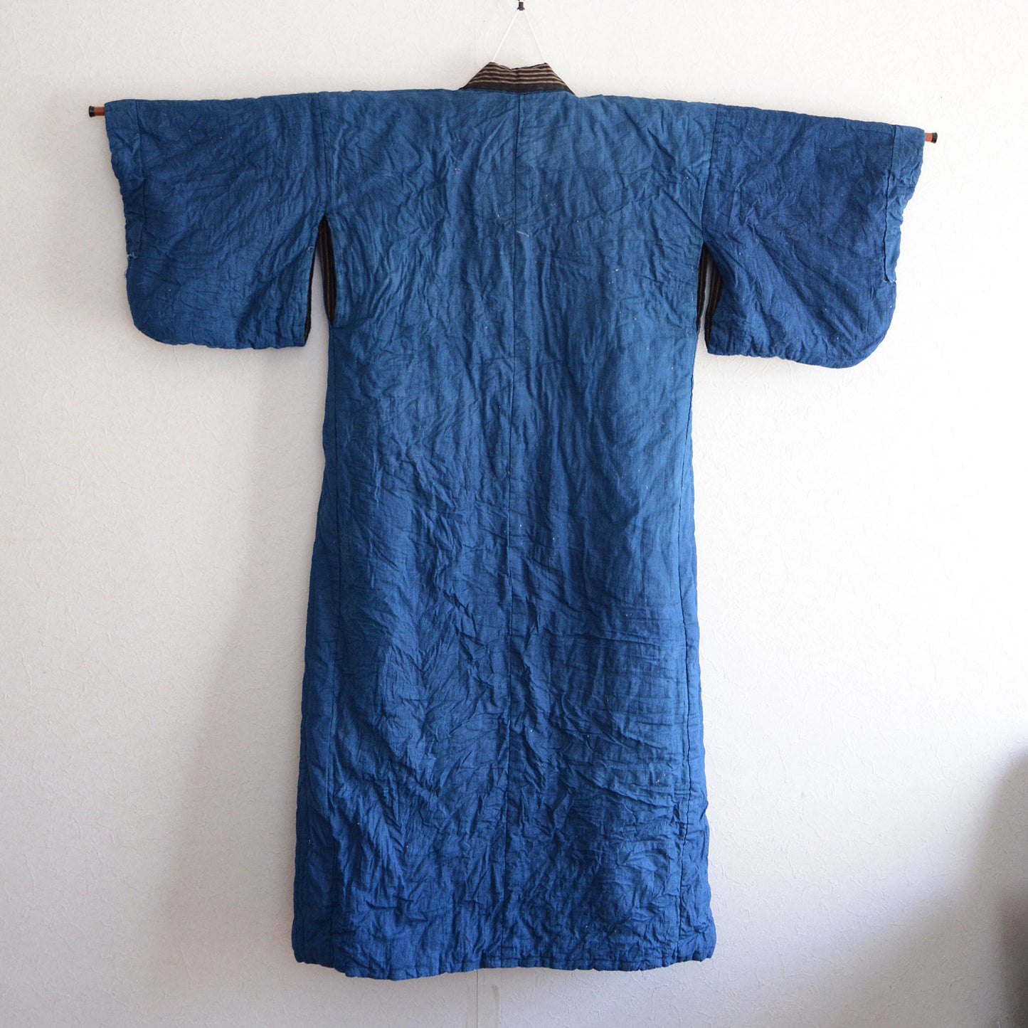 Indigo shima stripe patterned cotton hanten robe with padding for warmth