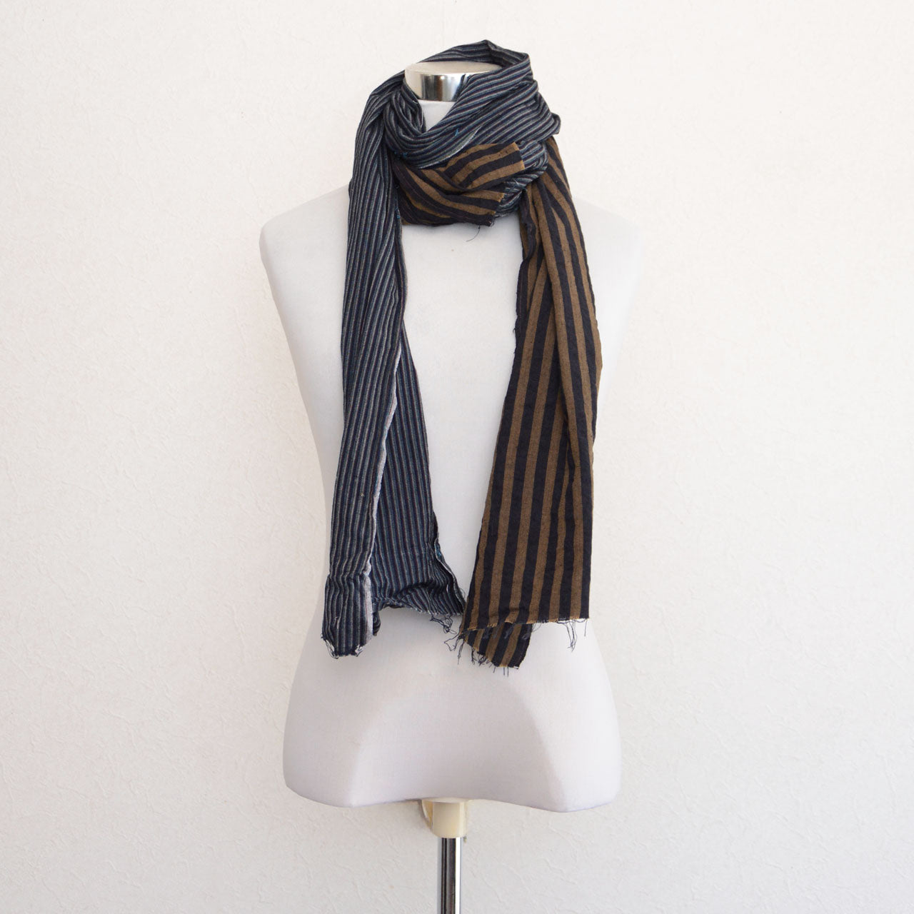 Striped Japanese boro-style scarf made from antique cotton fabrics