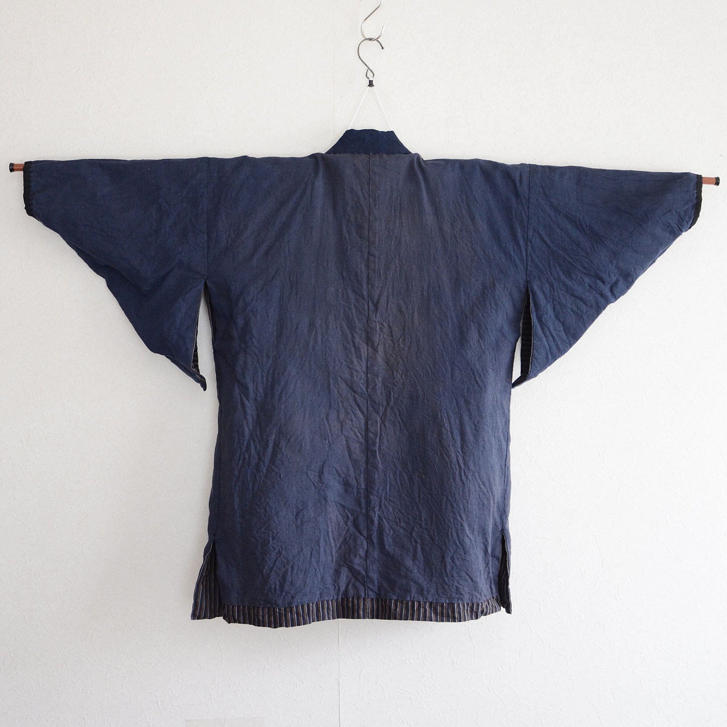Noragi Jacket Indigo Collar Kimono Japanese Fabric Cotton Vintage Faded Stripe Pattern