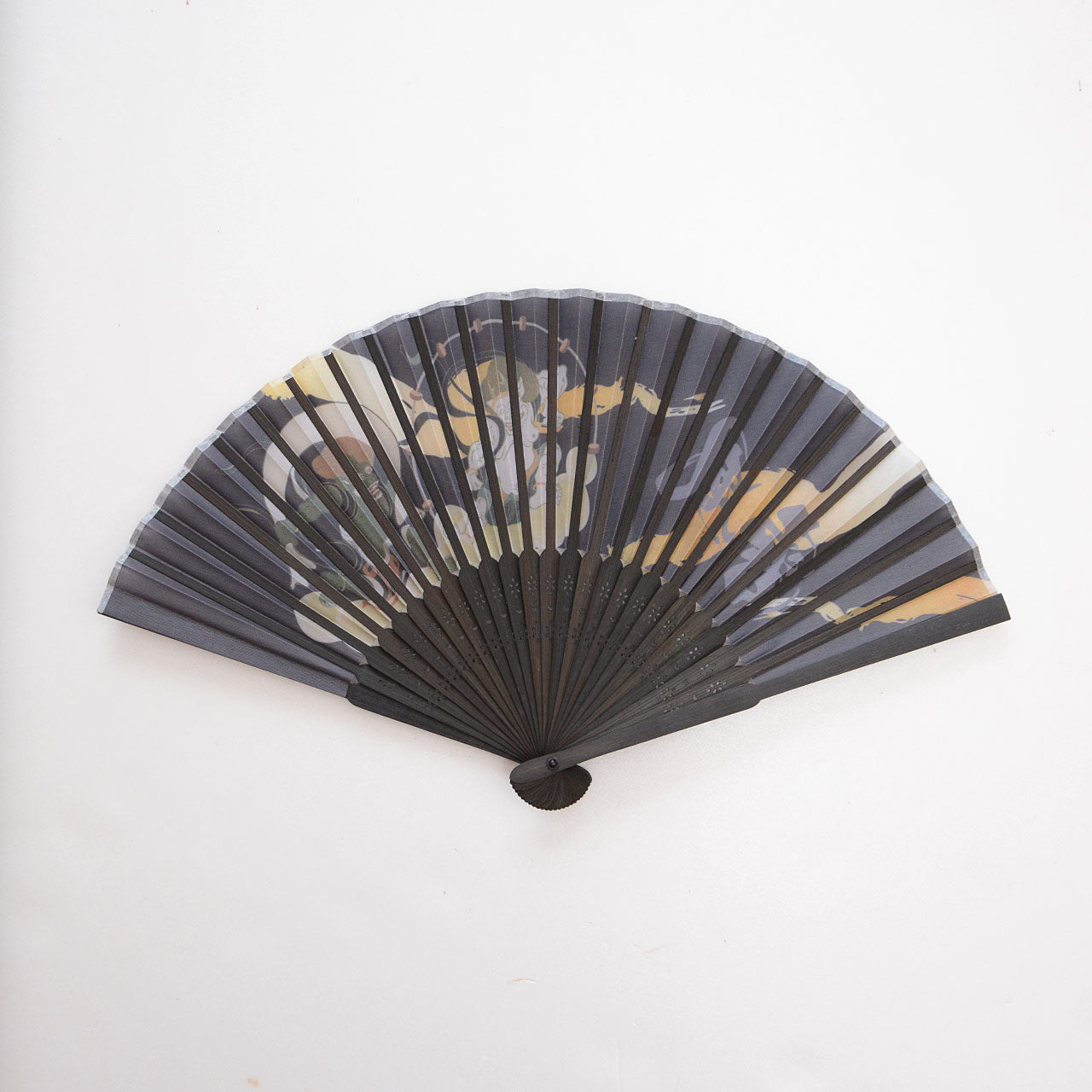 Handheld folding fan featuring Japanese gods pattern
