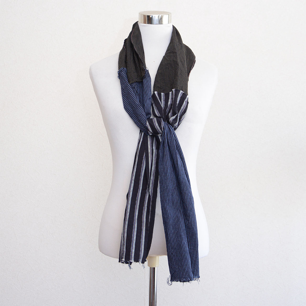 Handmade vintage Japanese scarf with patchwork cotton and striped design