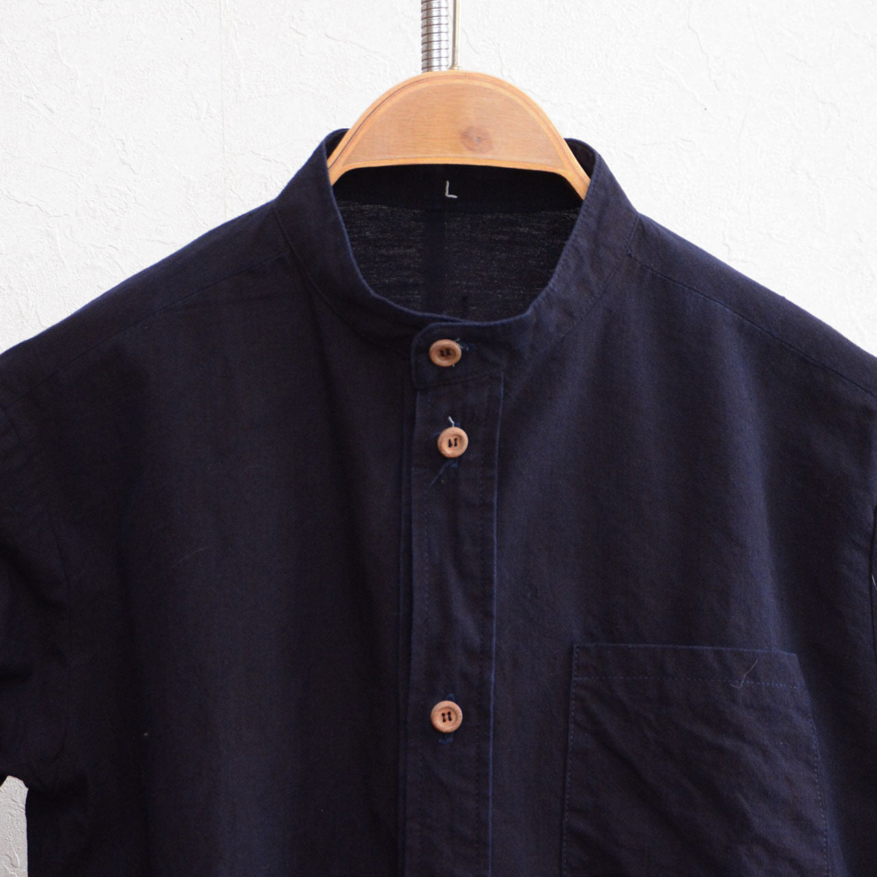 Deadstock Japanese indigo shirt with clean collarless neckline