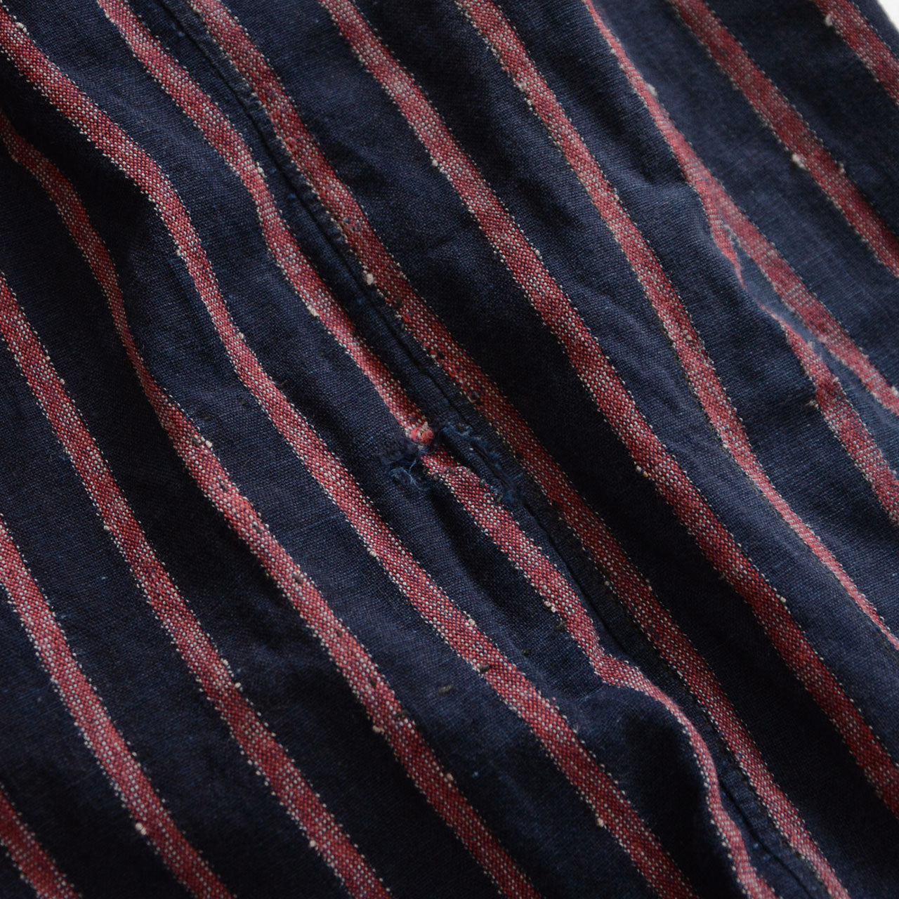 Striped cotton work pants with traditional kohaze metal clasps for ankle fastening