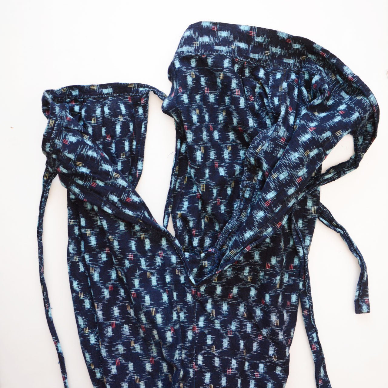 Upcycled indigo kasuri monpe pants from mid-20th century Japan