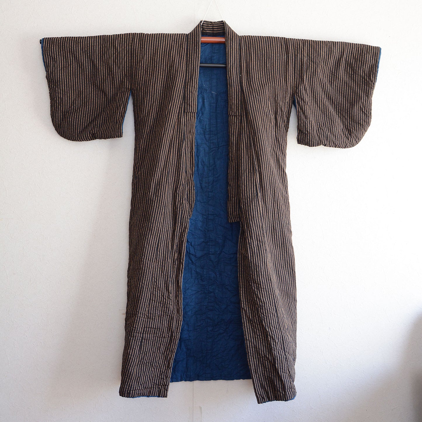 Japanese vintage long hanten with classic stripe design in indigo cotton fabric