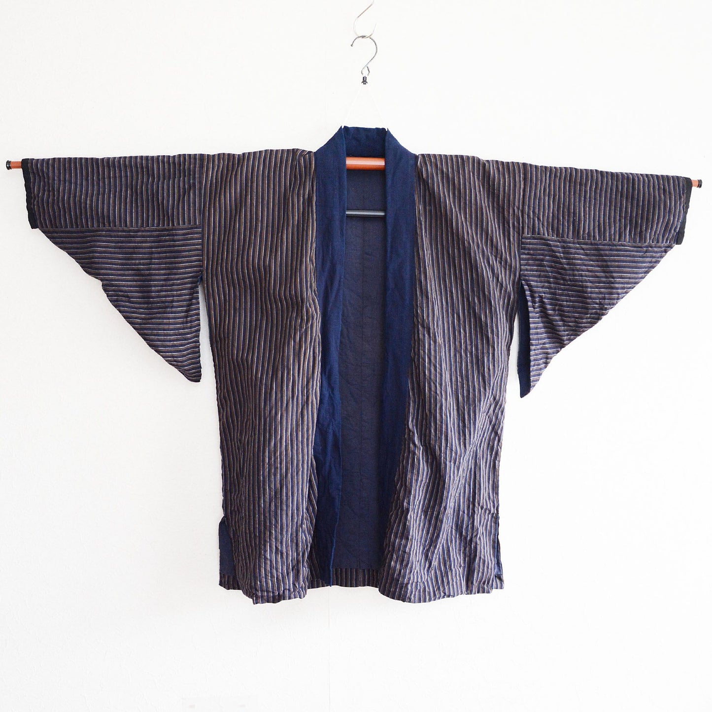 Noragi Jacket Indigo Collar Kimono Japanese Fabric Cotton Vintage Faded Stripe Pattern