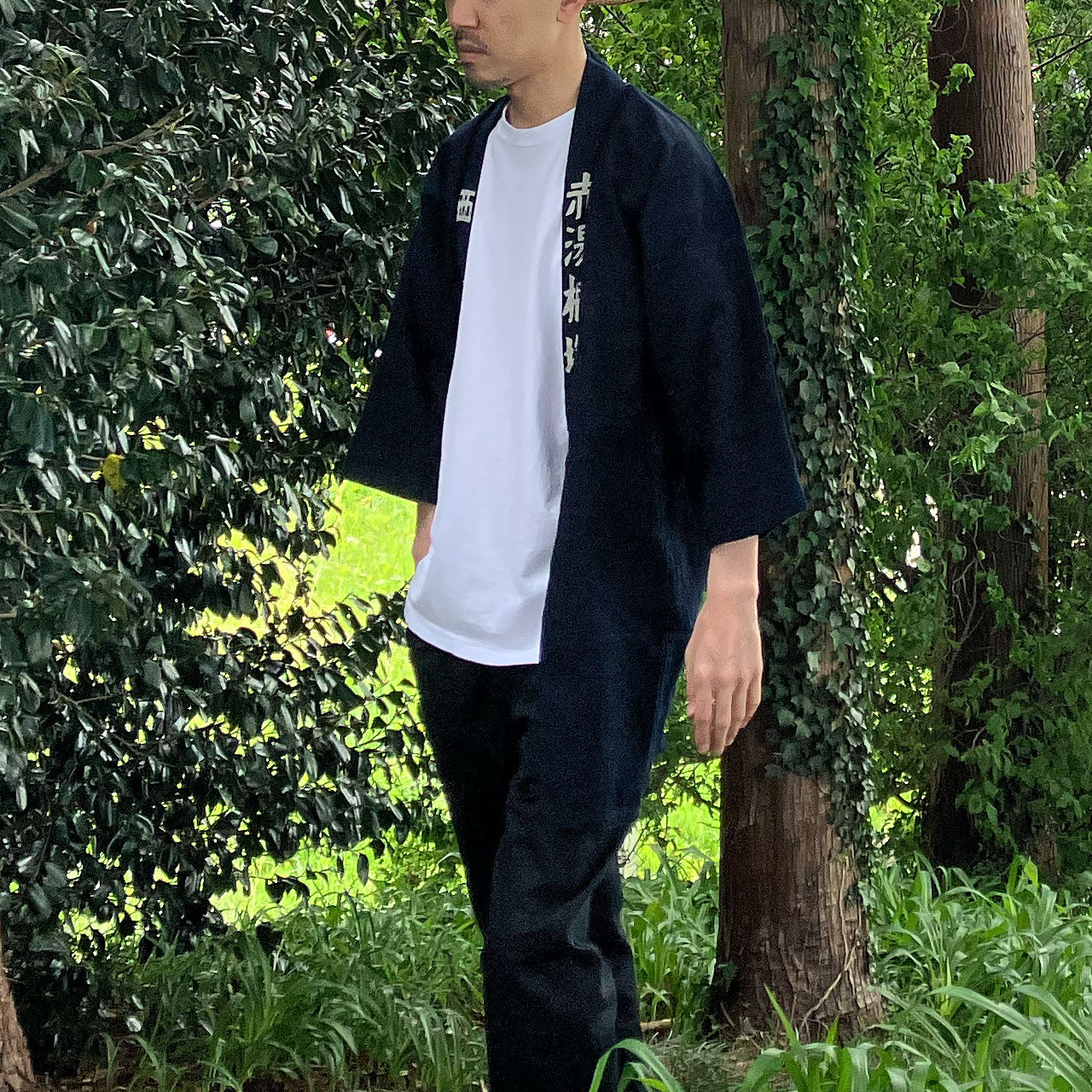Japanese workwear style indigo hanten coat with kanji details