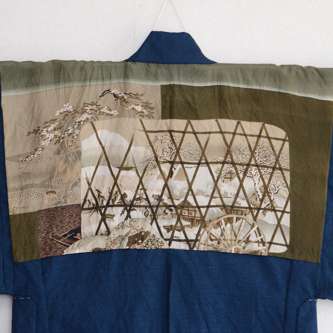 Blue mixed fabric haori kimono blending vintage and street fashion