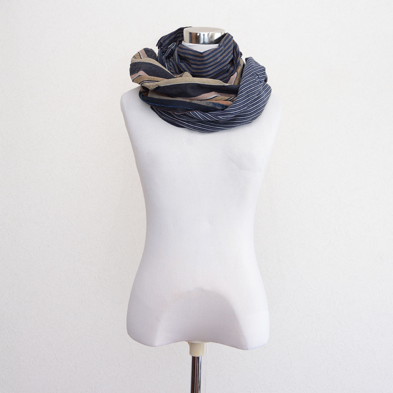 Hand-sewn Japanese patchwork scarf in indigo tones
