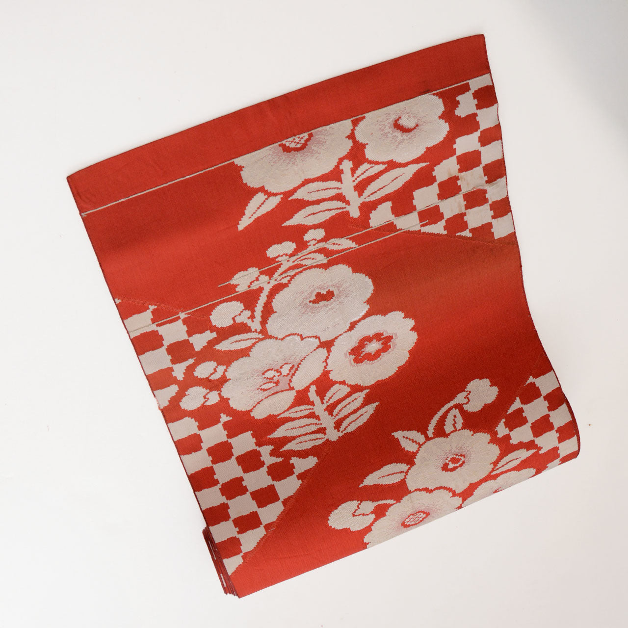 Vintage Japanese silk obi textile with floral and checkered motifs