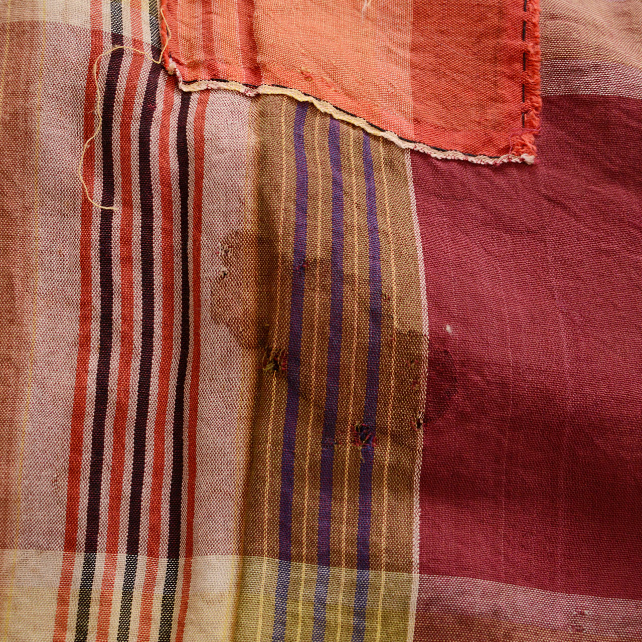 Antique Japanese futon cover fabric featuring crazy patch and plaid patterns