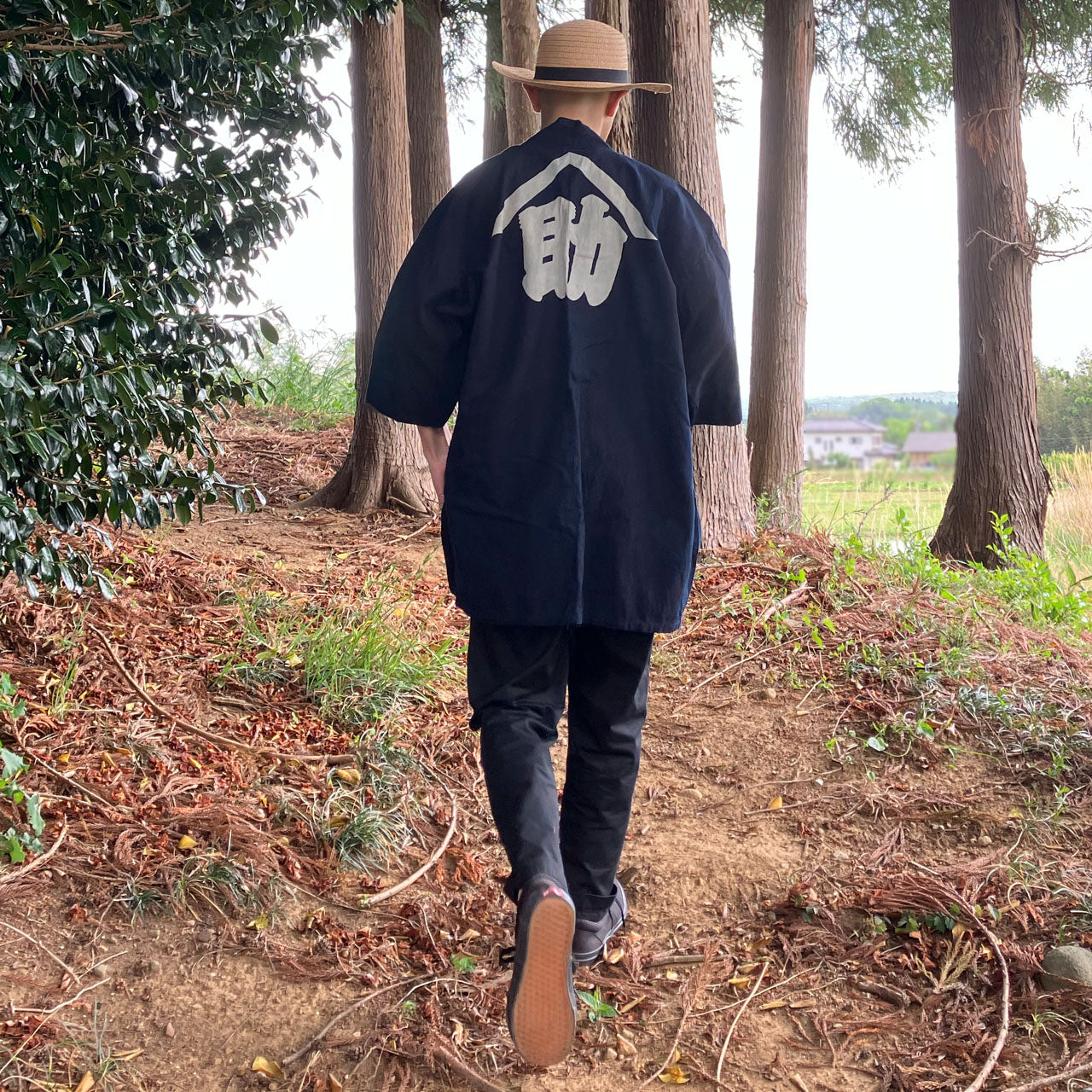 Authentic indigo happi coat with cotton fabric and kanji motifs