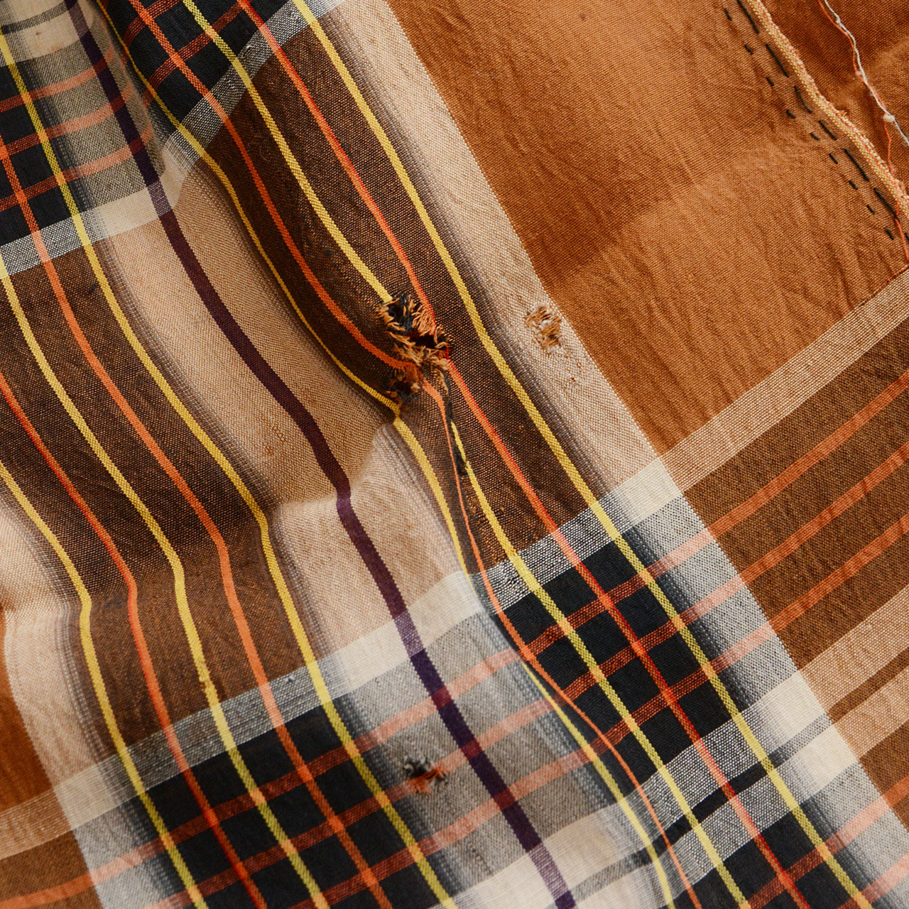 Large-scale vintage Japanese textile with visible repairs and patching