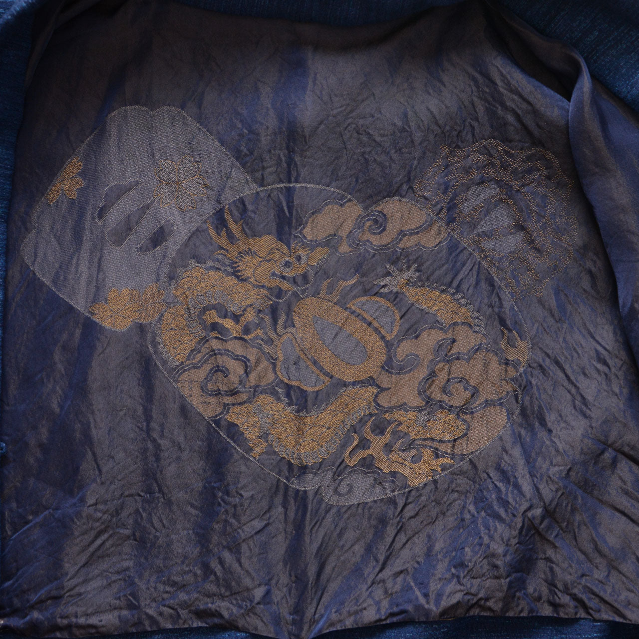Blue mixed fabric vintage haori jacket with artful dragon lining