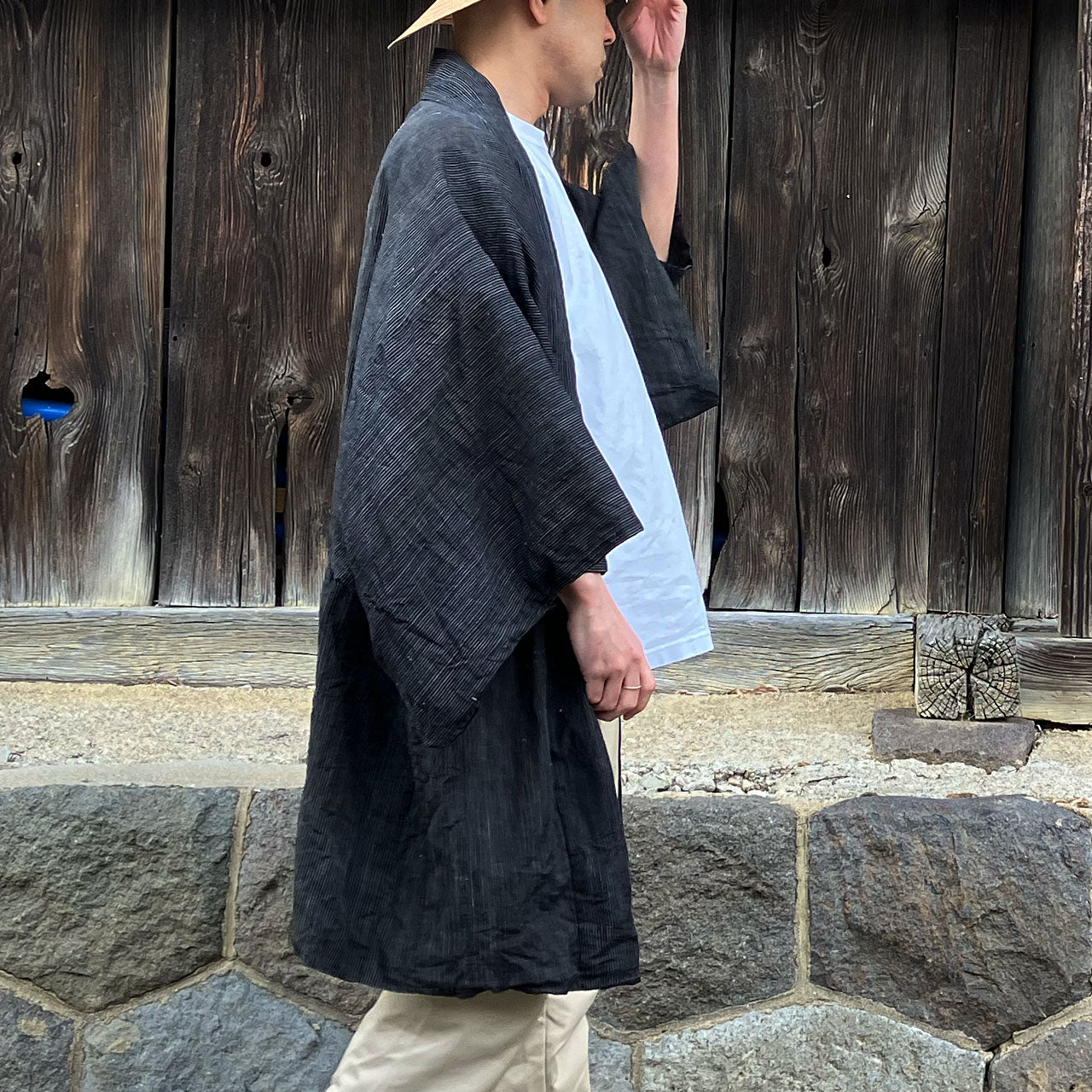 Relaxed fit vintage haori cardigan in Japanese striped cotton