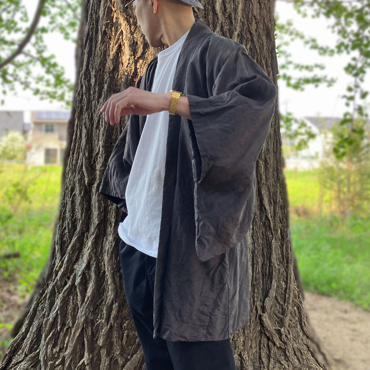 Japanese 70s haori jacket with shimmering fabric and artistic lining, reversible look