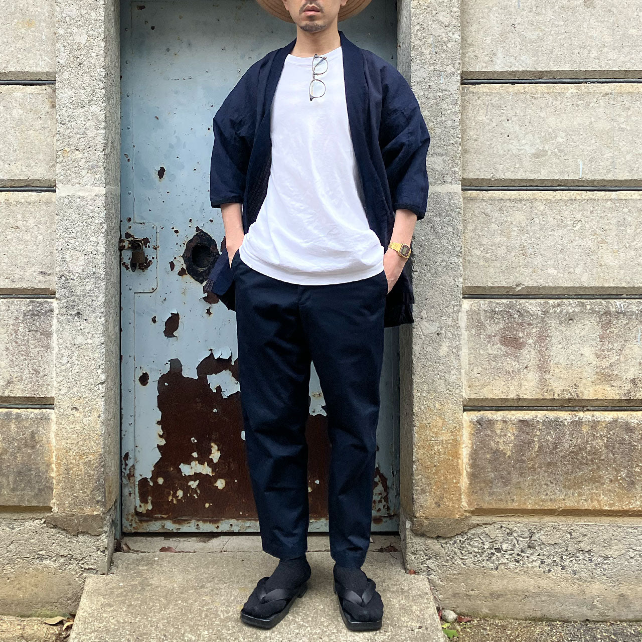 Japanese vintage Noragi with neutral stripe tones and deep indigo collar
