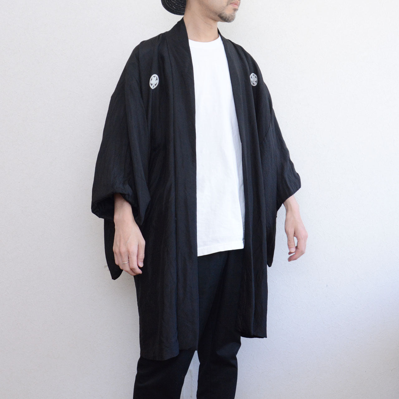 Black montsuki haori, five kamon, kosenmon ancient coin lining, Japan vintage one-of-a-kind
