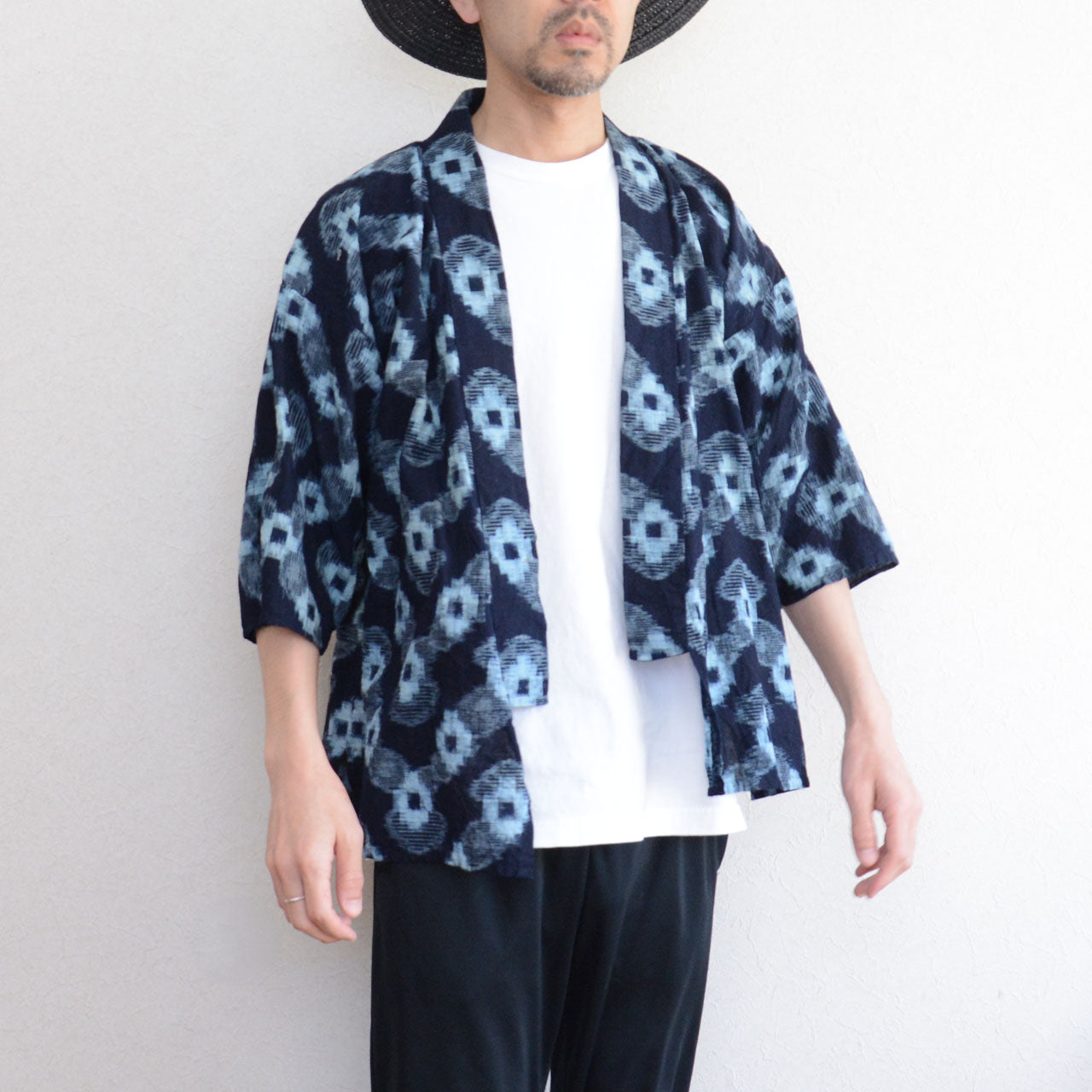 Vintage kasuri weave noragi, indigo-dyed cotton, handmade, mid-Showa Japan