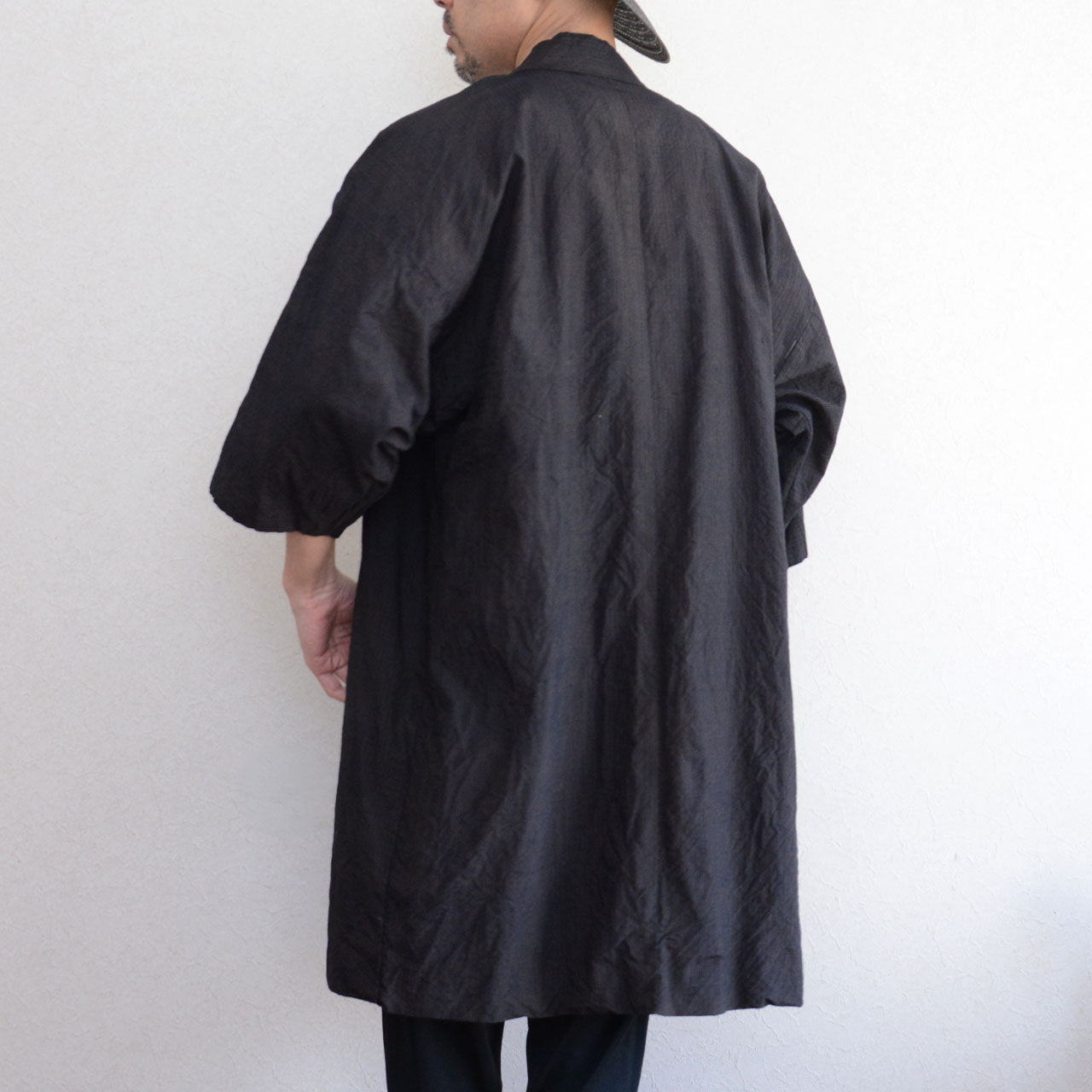 Showa era Japanese noragi, dark stripe, blended weave, handmade, vintage textile