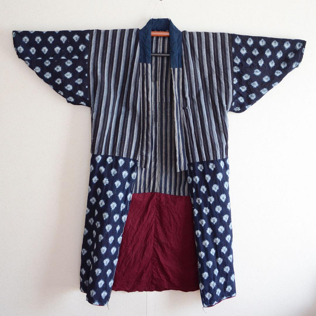 Kimono Robe Long Crazy Pattern Japanese Fabric Cotton Vintage Stripe Pattern Indigo Kasuri etc