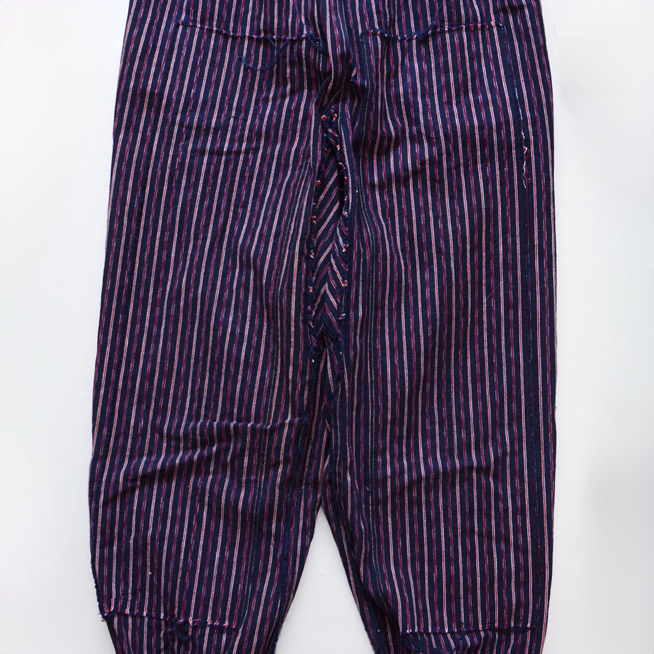 Double knee reinforcement on front inner panel, hand-stitched, cotton stripe, vintage Japanese monpe pants