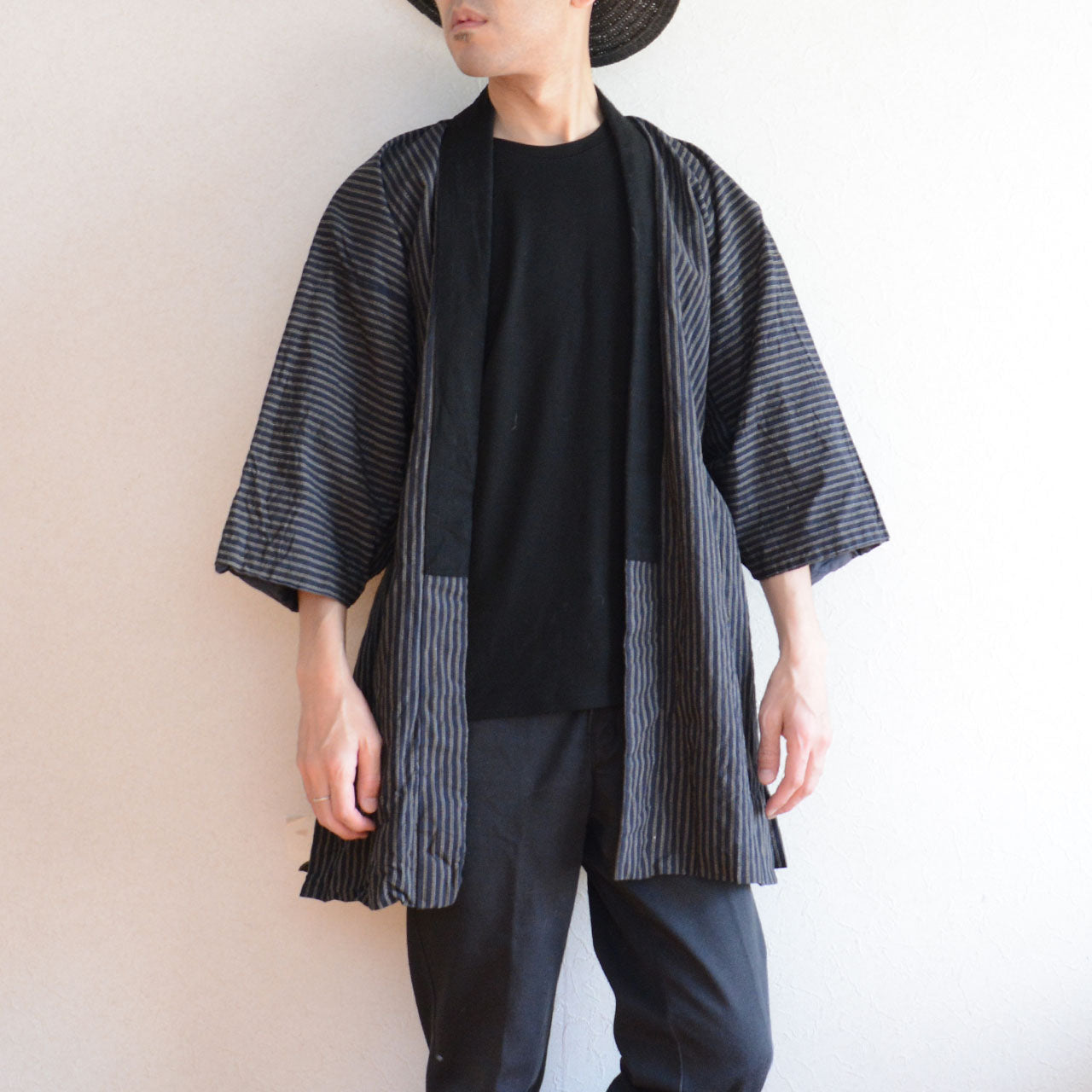 Japanese vintage noragi made from striped cotton textile, blending traditional workwear with modern styling potential