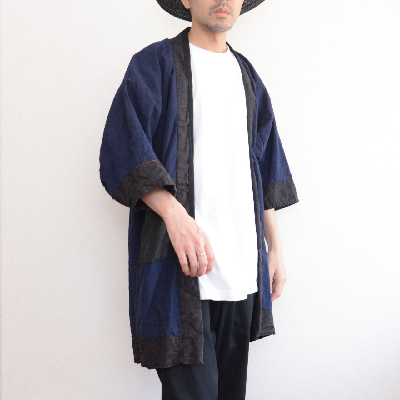Vintage Japanese noragi work jacket styled with white tee, front view on model, mid-Showa era Japan vintage