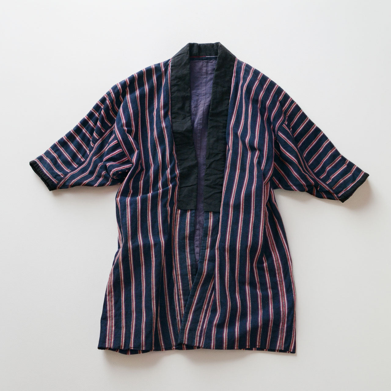 Vintage noragi full length indigo stripe Tohoku Japan cotton