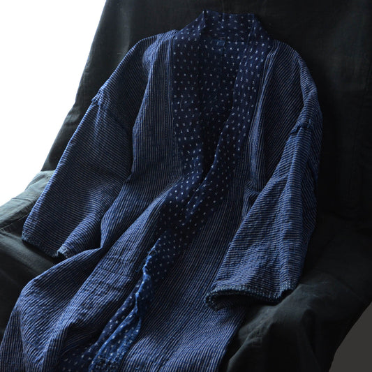 Boro Sashiko Noragi Coat – Museum-Grade Japanese Vintage Indigo Kasuri, Two Faces, 123cm