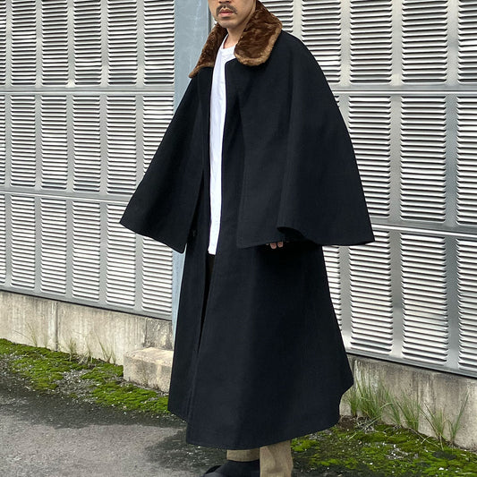 Step Back in Time: 1920s Japanese Vintage Tonbi Mantle with Black Wool and Otter Fur Collar