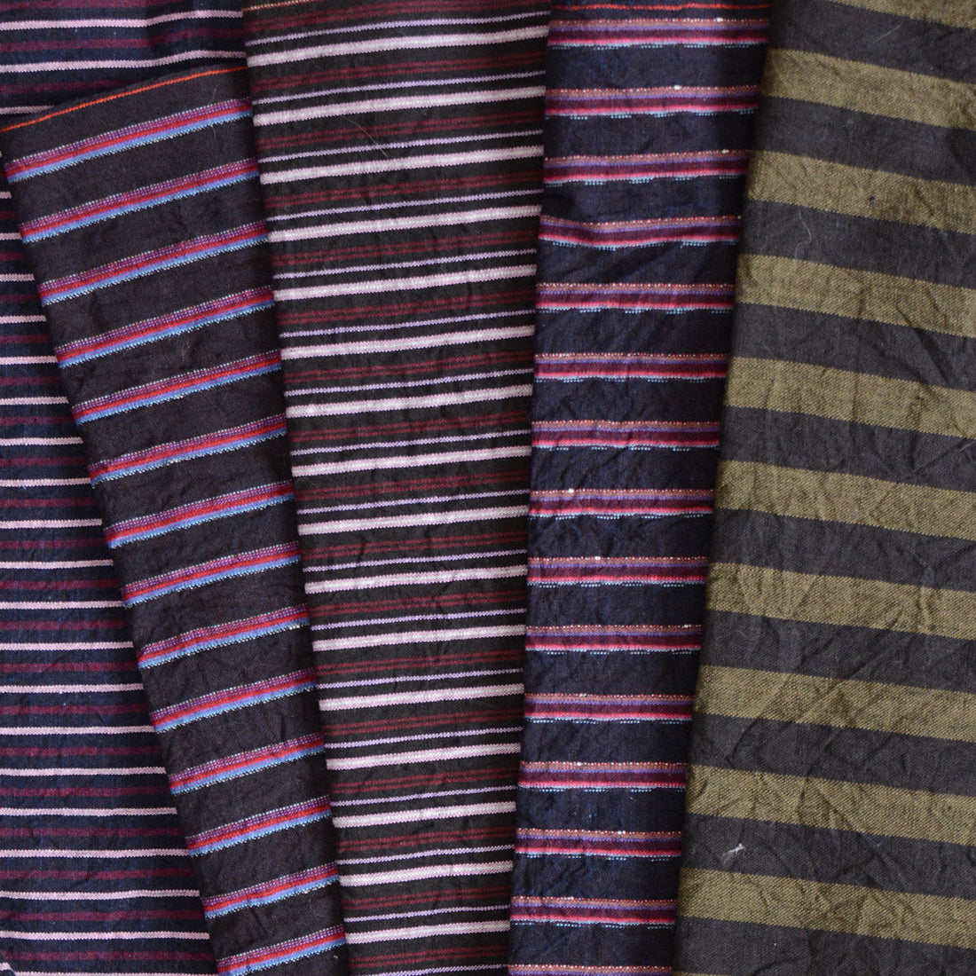 Japanese Vintage Cotton Stripe Fabric Scraps – Five Pieces of Mid-Showa Indigo for Boro, Quilting, and Slow Stitching